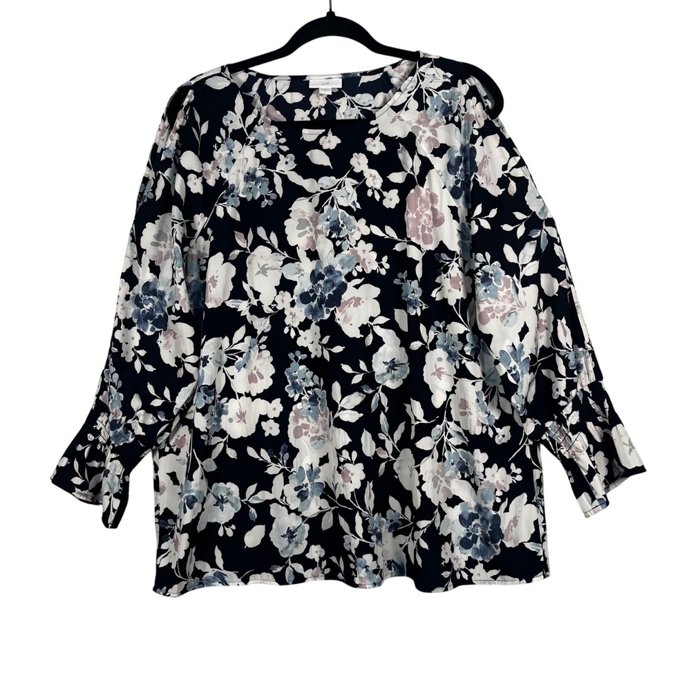 J. Jill Women's Blouse Navy Blue Floral Cold Shoulder Smocked Cuff Top Size L